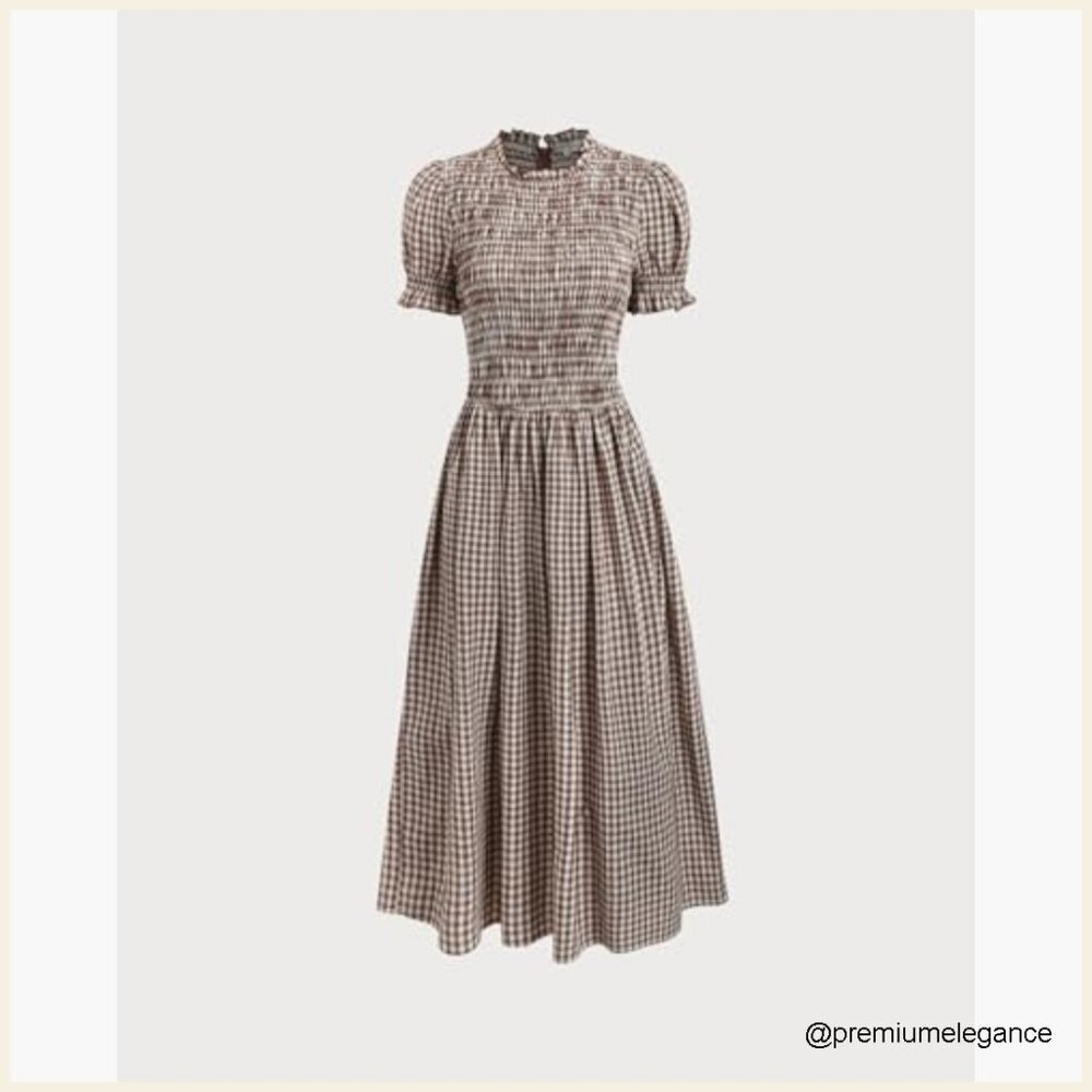 Women's Cotton Smocked Midi Dress with Puff Sleeves, Flowy A-Line - Picture 6 of 7